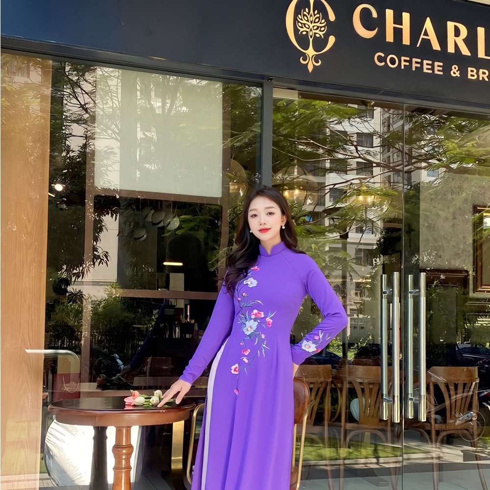 Purple Vietnamese traditional Ao Dai long dress with  embroidery,including pants